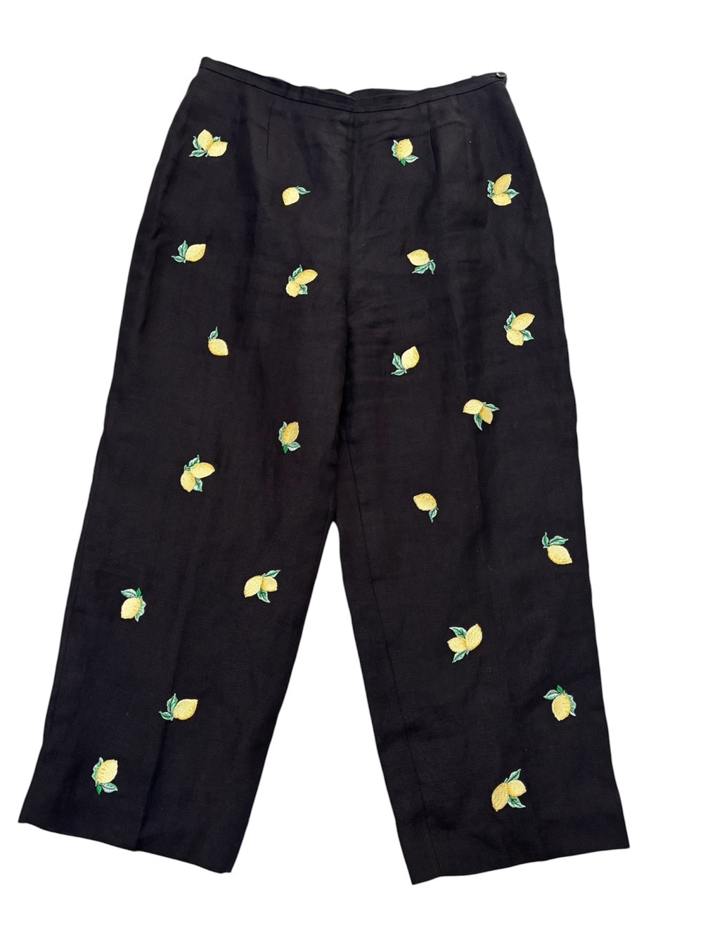 Vintage Talbots Irish Linen Lemon Embroidered Pants Size 14 Crop Trouser Black